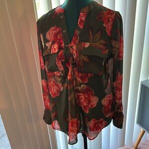 a.n.a Green and Red Long Sleeve Tie Front Blouse